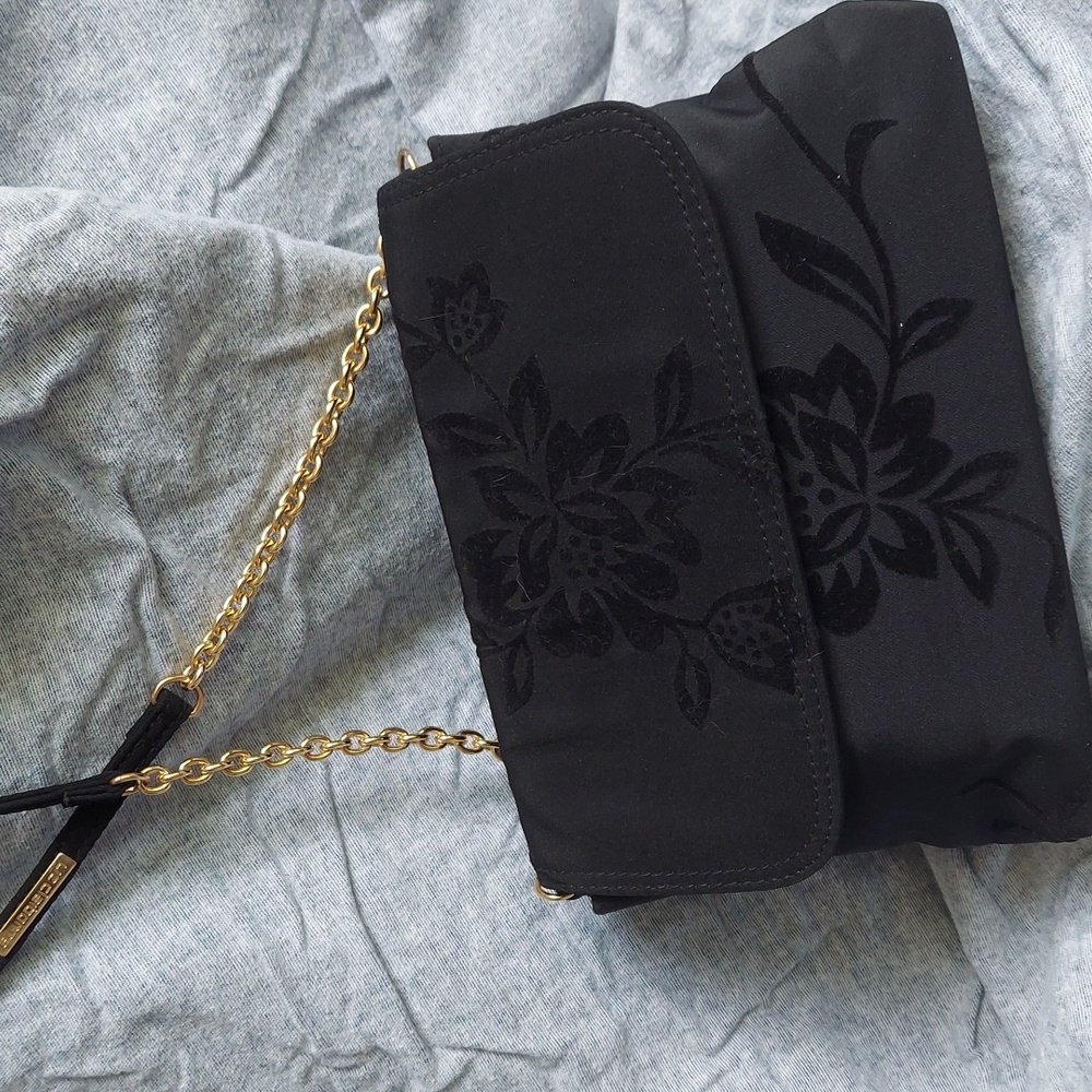 Vintage Liz Claiborne Crossbody Evening Bag - Black satin - gold accents